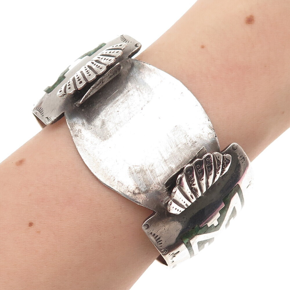 Old Pawn Sterling Vintage Turquoise Coral Inlay Adjustable Watch Bracelet 6.5"